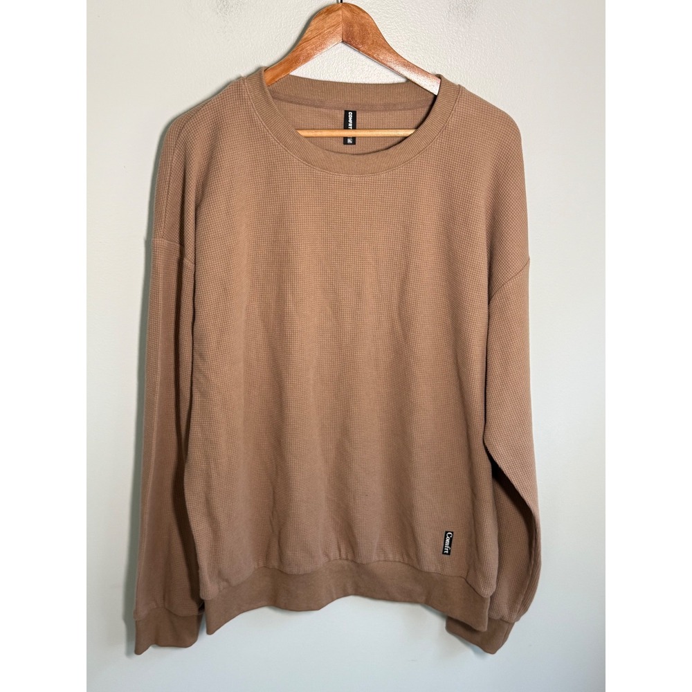 COMFRT Waffle Knit Sweatshirt XL Tan Brown Crewneck Oversized Thermal Pullover